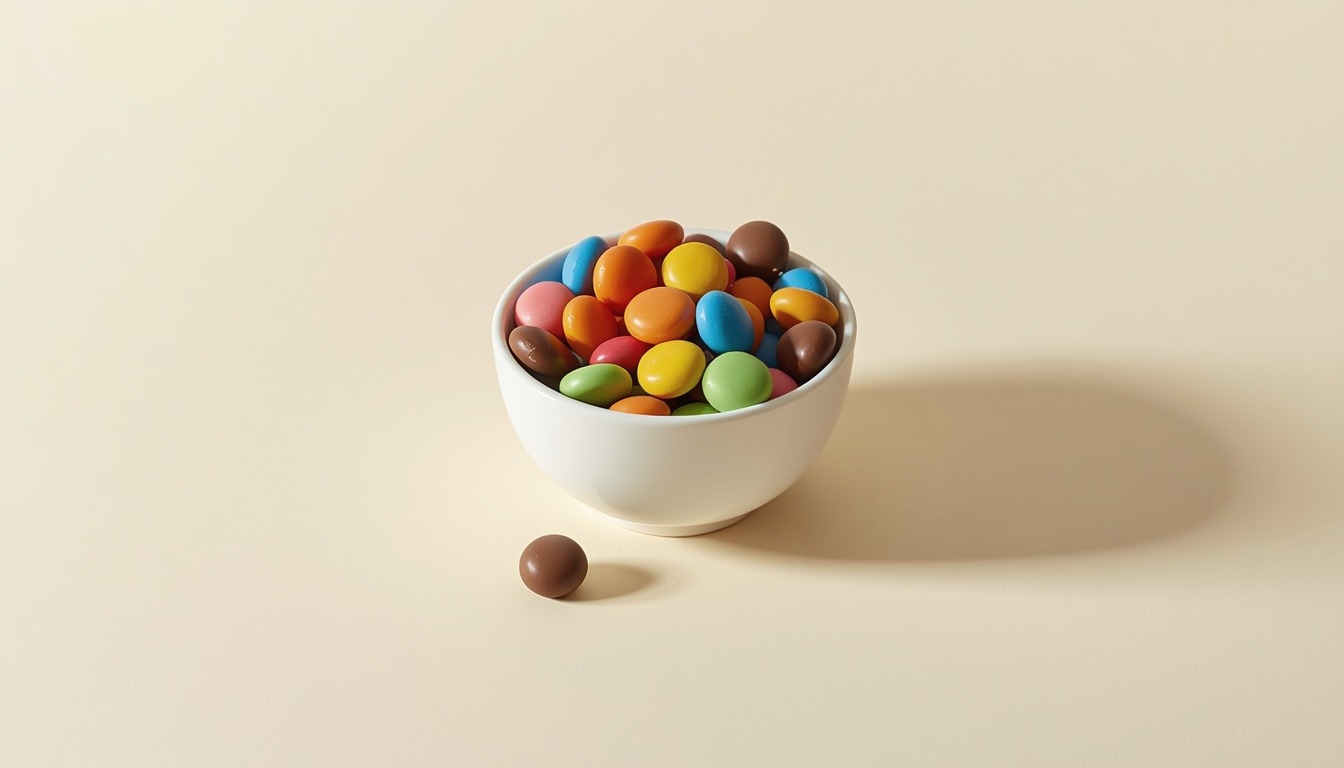 A white bowl of colorful candies, one brown candy set beside it