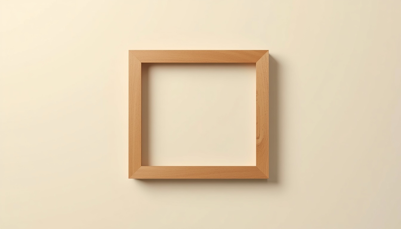 An empty wooden picture frame on a cream background