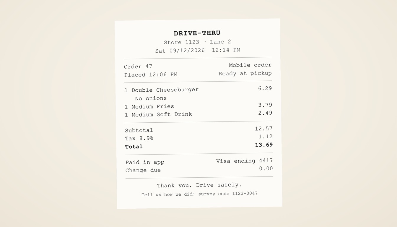 A drive-thru receipt for a mobile order: a double cheeseburger, medium fries, and a medium soft drink, total $13.69