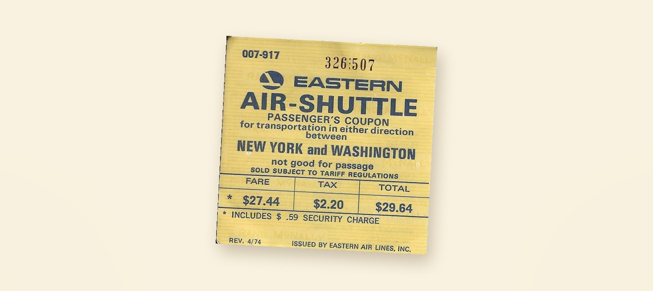 An Eastern Air-Shuttle passenger's coupon from the mid-1970s, New York and Washington, fare $27.44