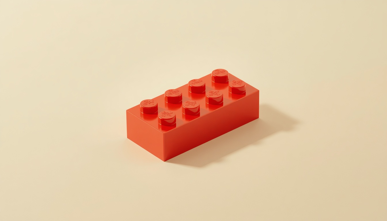 A single red toy building brick on a cream background