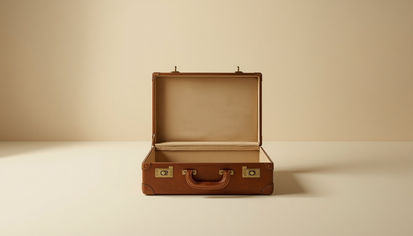 An open vintage leather briefcase on a cream background